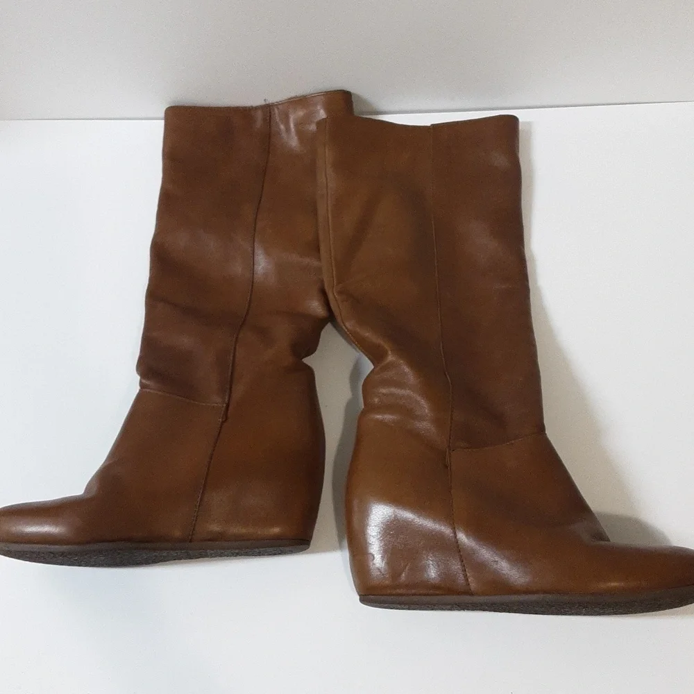 Mercanti Fiorentini leather boots heel knee  wedge brown women 38 pull on